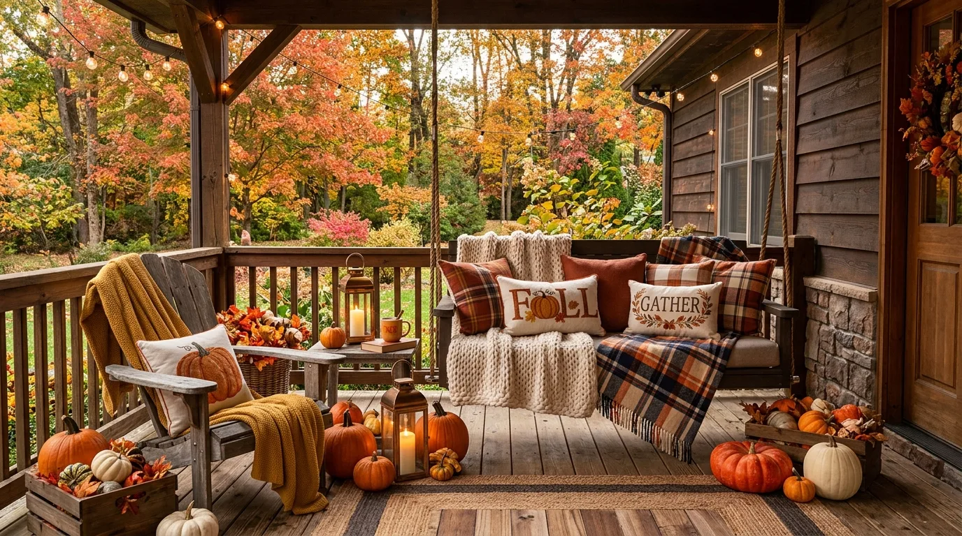 Cozy fall porch seating area with pumpkins and blankets